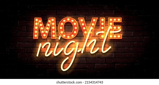 Vector realistic isolated retro marquee neon billboard with electric light lamps of Movie Night logo on the wall background.