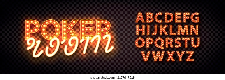 Vector realistic isolated retro marquee billboard with electric light lamps of Poker Room logo with neon alphabet font.