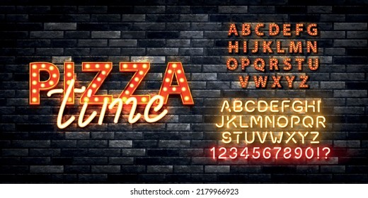 Vector realistic isolated retro marquee billboard with electric light lamps of Pizza Time logo with alphabet font on the wall background.