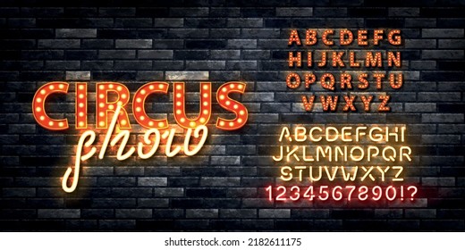Vector realistic isolated retro marquee billboard with electric light lamps of Circus Show logo with alphabet font on the wall background. svg