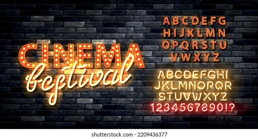 Vector realistic isolated retro marquee neon billboard with electric light lamps of Cinema Festival logo with easy to change color alphabet font on the wall background.