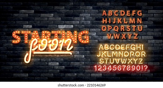 Vector realistic isolated retro marquee neon billboard with electric light lamps of Starting Soon logo with easy to change color alphabet font on the wall background.