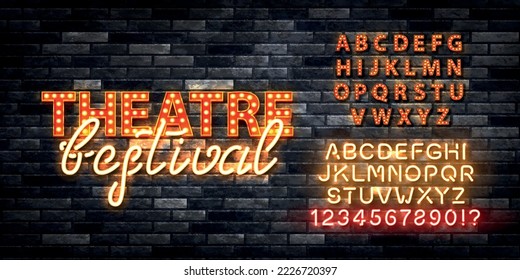 Vector realistic isolated retro marquee billboard with electric light lamps of Theatre Festival logo with alphabet font on the wall background.