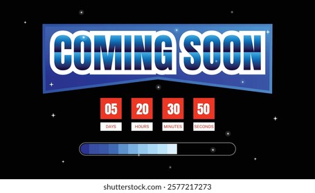 Vector realistic isolated retro marquee billboard with blue and red light lamps of the Coming Soon logo with a Timer for an invitation on the Black background.