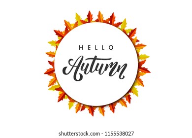 Vector realistic isolated round greeting card with Autumn typography logo with red and orange maple and oak leaves for decoration and covering on the white background. Concept of Happy Autumn.
