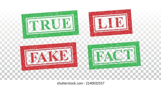 Vector realistic isolated rubber stamps of True, Lie, Fake and Fact on the transparent background.