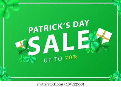 Vector realistic isolated sale poster with clover and gifts for decoration and covering on the green background. Concept of Happy Patrick's Day, promotion and advertising.