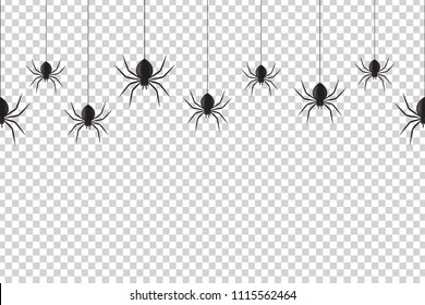 Vector realistic isolated seamless pattern with hanging spiders for decoration and covering on the transparent background. Creepy background for Halloween.