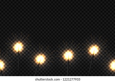 Vector realistic isolated seamless pattern of Christmas bengal sparkler for decoration and covering on the transparent background. Concept of Merry Christmas and Happy New Year.