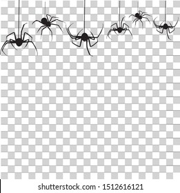 Vector realistic isolated seamless pattern with hanging spiders for decoration and covering on the transparent background. Creepy background for Halloween.