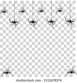 Vector realistic isolated seamless pattern with hanging spiders for decoration and covering on the transparent background. Creepy background for Halloween.