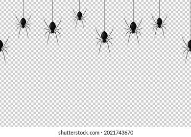 Vector realistic isolated seamless pattern with hanging spiders for decoration and covering on the transparent background. Creepy background for Halloween. illustrator