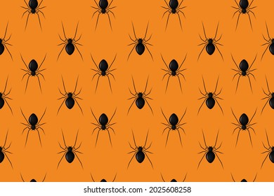 Vector realistic isolated seamless pattern with hanging spiders for decoration and covering on the Orange background. Creepy background for Halloween. 