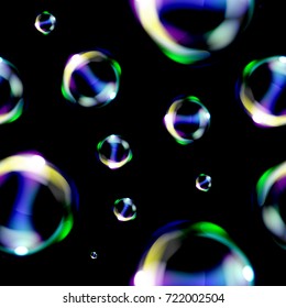 Vector realistic isolated seamless pattern of abstract fluid bokeh bubbles for decoration and covering on the black background.