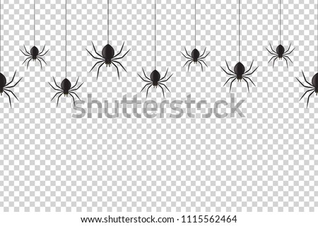 Vector realistic isolated seamless pattern with hanging spiders for decoration and covering on the transparent background. Creepy background for Halloween.