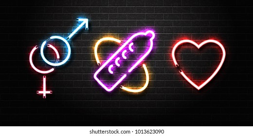 Vector realistic isolated set of neon erotic signs for decoration and covering on the wall background. Concept of night club and sex shop.