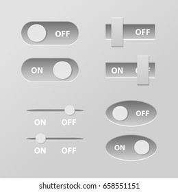 Vector realistic isolated set of toggle switches on/off for decoration. Collection of technology sliders vector illustration.