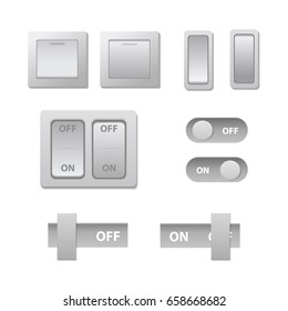 Vector realistic isolated set of toggle and light switches on/off for decoration. Collection of technology sliders vector illustration.