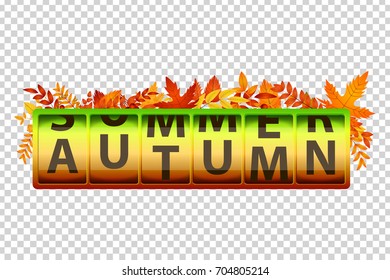 Vector realistic isolated slot counter of autumn with red, yellow and orange maple leaves for decoration and covering on the transparent background. Concept of season change and fall.