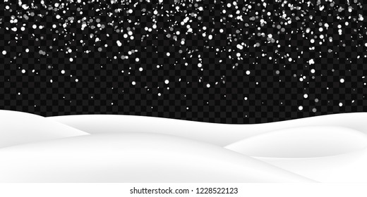 Vector realistic isolated Snow field with snowfall for decoration and covering on the transparent background. Concept of Merry Christmas and Happy New Year.