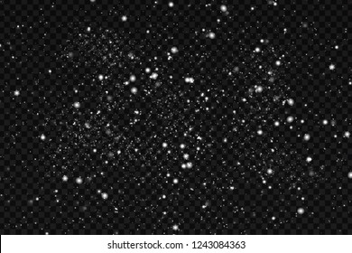 Vektor-realistischer Schneeglitter Effekt für Dekoration und Decken auf transparentem Hintergrund. Konzept des glücklichen Neujahrs und frohe Weihnachten.