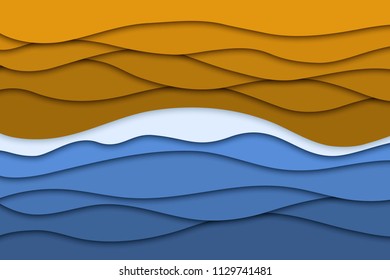 Vector realistic isolated summer beach with sea and sand with paper cut layer design background for decoration and covering. Concept of geometric abstract design.
