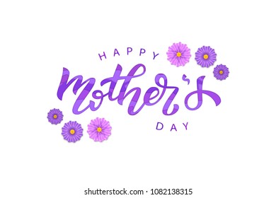 Vector realistic isolated typography for Mother's Day with paper cut layer design and flowers for decoration and covering on the purple background. Concept of Happy Mothers Day.