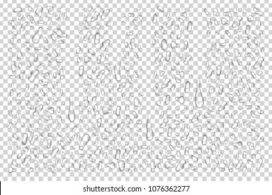 Vector realistic isolated water droplets for decoration and covering on the transparent background.