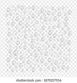 Gotas de agua aisladas y realistas vectoriales para la decoración de plantillas y cubierta sobre el fondo transparente.