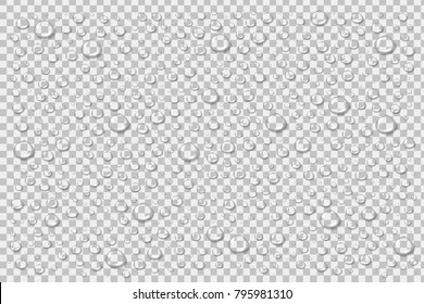 Vector realistic isolated water droplets for decoration and covering on the transparent background.