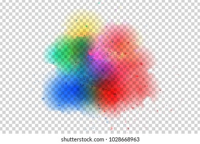 Vector realistic isolated watercolor splash effect for decoration and covering on the transparent background. Concept of Happy Holi Festival.