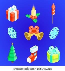 vector realistic isometric low poly christmas tree gift box fireworks bells snowflakes gift sock candle holly berry new year symbols collection
