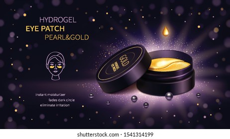 Vector realistic jar with gold hydrogel collagen cosmetic eye patch on dark violet background. Ads poster of night cosmetic product with snail slime and black pearl for skin beauty. Magazine mock up.