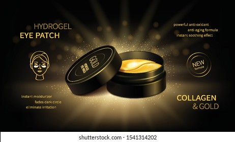 Vector realistic jar with gold hydrogel collagen cosmetic eye patch on dark background. Ads poster of night cosmetic product with snail slime and black pearl for skin beauty. Mock up for a magazine.