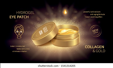 Vector realistic jar with gold hydrogel collagen cosmetic eye patch on dark background. Ads poster of night cosmetic product with snail slime and black pearl for skin beauty. Mock up for a magazine.