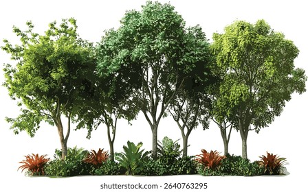 Vector realistic jungle lush trees, tropics greenery trees, outside group of tropic trees, tropical forest, exotic nature scene, tropical jungle, outdoor trees, tropical nature set, green foliage