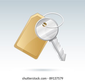 Vector realistic key with brown tag label isolated on background