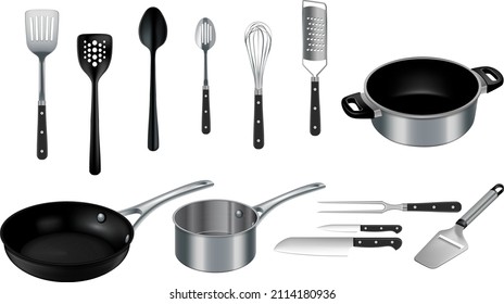 Vector realistic kitchen cooking utensils set in black and stainless steel on white background