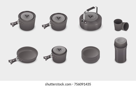 Vector realistic kitchen cookware set with saucepan pots pan kettle thermos cups. Cooking utensils isolated icons.