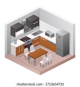 Vector realistic kitchen interior. Modern furniture design, apartment or house concept. Isometric view of room, dining table, chairs, cabinets, stove, refrigerator, cooking appliances and home decor