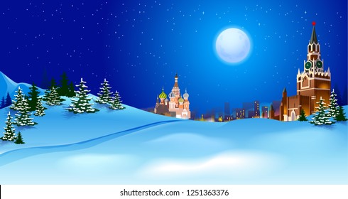 Vector realistic Kremlin in Moscow, night snowy landscape, panorama. Full moon with stars in Moscow