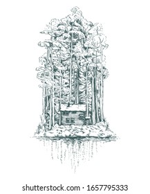 Dibujo de paisajes vectoriales realistas de una casa tradicional de madera en un bosque profundo.
