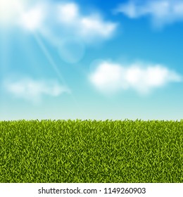 Vector realistic landscape. Green grass field or meadow and blue sky with clouds. Summer or spring background.