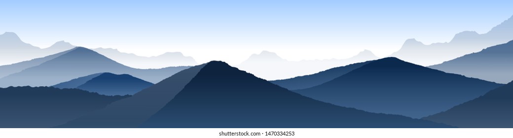 Vector realistic landscape. Minimalistic concept. Abstract wallpaper. Blue background. Template for web design. Silhouettes of slopes and hills. Panorama