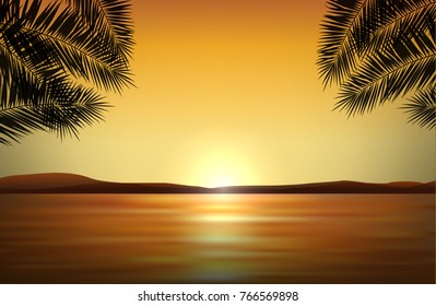 Vector realistic landscape with sunset by the sea in tropical paradise and silhouettes of palms