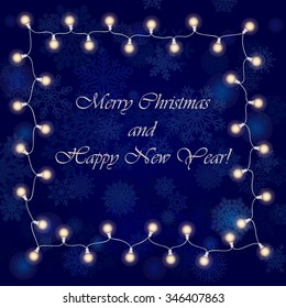 vector realistic lantern garland on dark night sky background with snowflakes