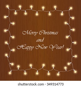 vector realistic lantern garland on wood background with snowflakes