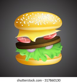 Vector realistic layout hamburger with bread, cheese, meat, tomatoes and onion. EPS10 fast food illustration. 