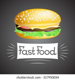 Vector realistic layout hamburger. Bread, cheese, meat, tomatoes, onion and fast food emblem. EPS 10 fast food illustration. 