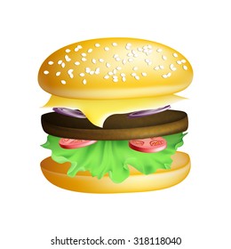 Vector realistic layout hamburger isolated on white. Bread, cheese, meat, tomatoes, onion. EPS10 fast food illustration. 